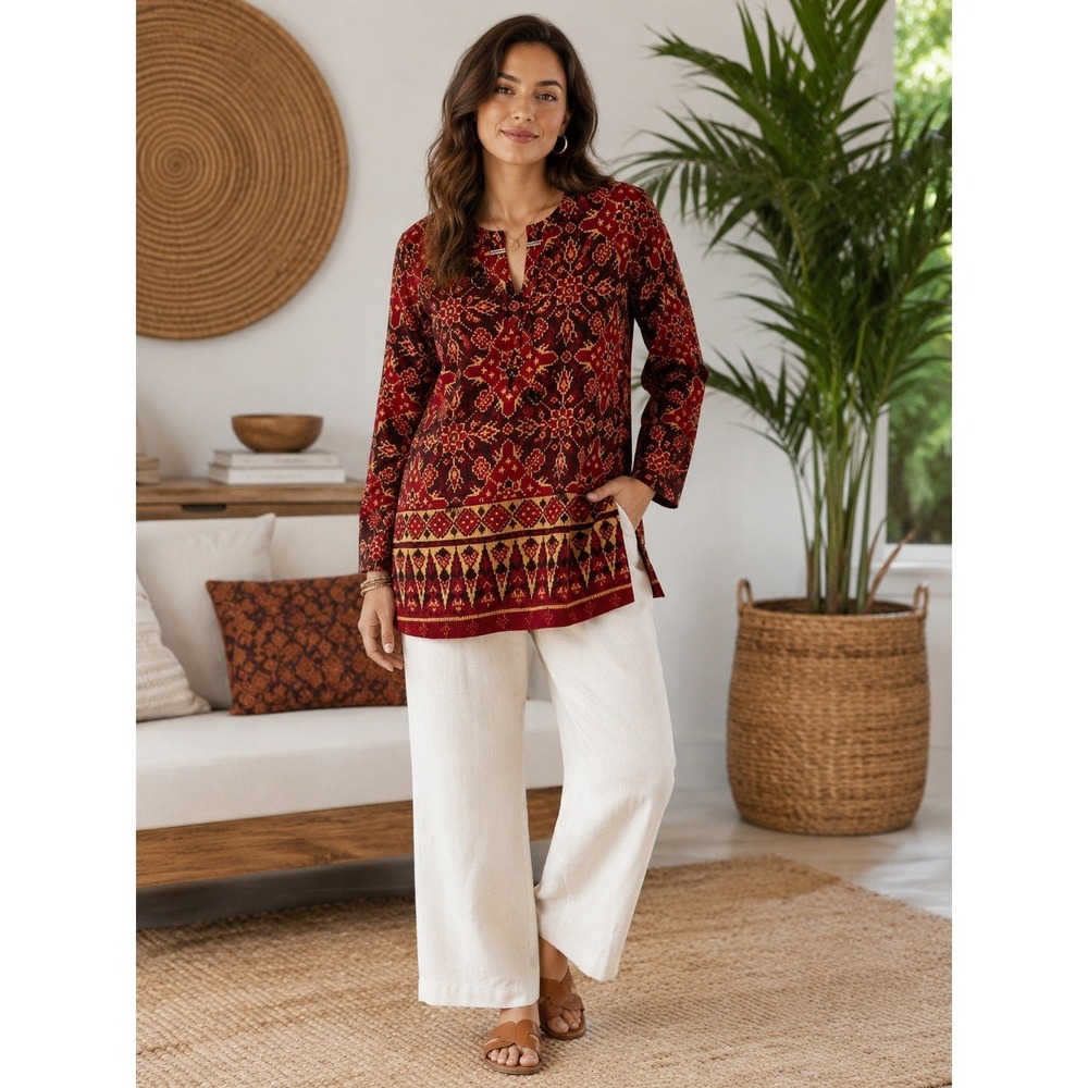 Lauren Ralph Lauren Top Tunic Large Ikat Boho Tribal Festive Casual Cotton